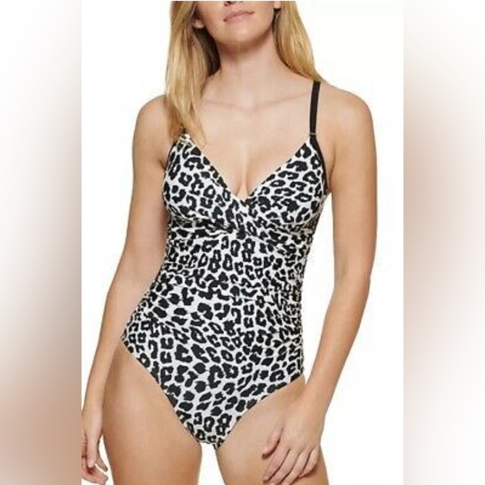 Calvin Klein Black and White tummycontrol Animal Print Swimsuit one piece 10